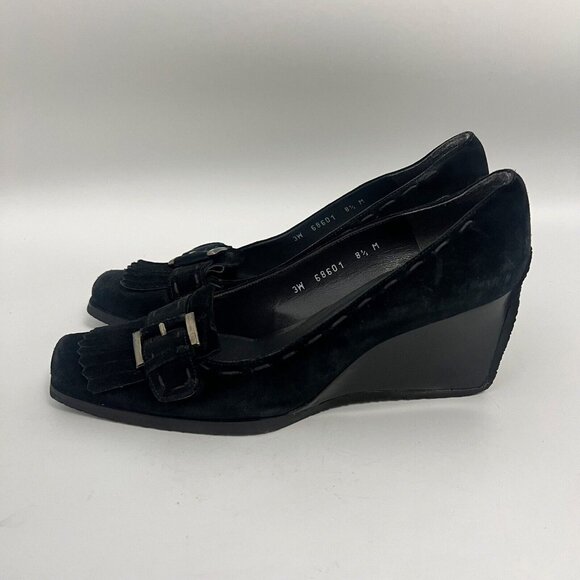 Stuart Weitzman Womens Black Suede Wedge Heel Buckle Slip On Size 8 M - Picture 1 of 9